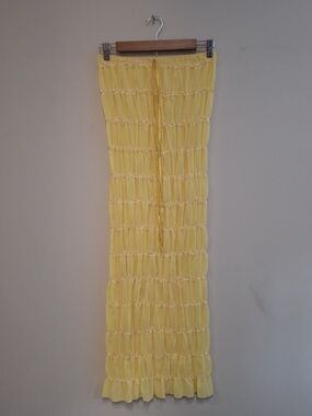 Strapless Sun Dress Summer Dress Yellow Smocked Midi  Semi-sheer Lace Trim